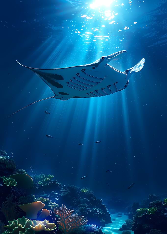 Manta Ray Swimming in Sunlit Ocean