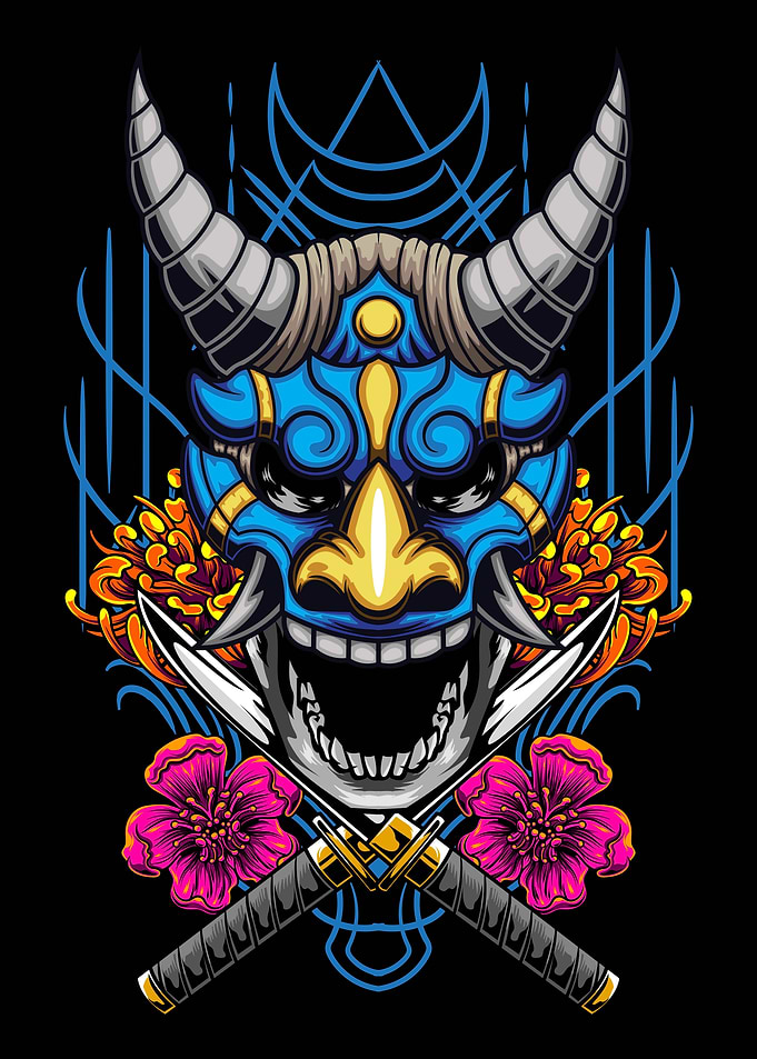 Japanese Oni Mask with Swords and Flowers