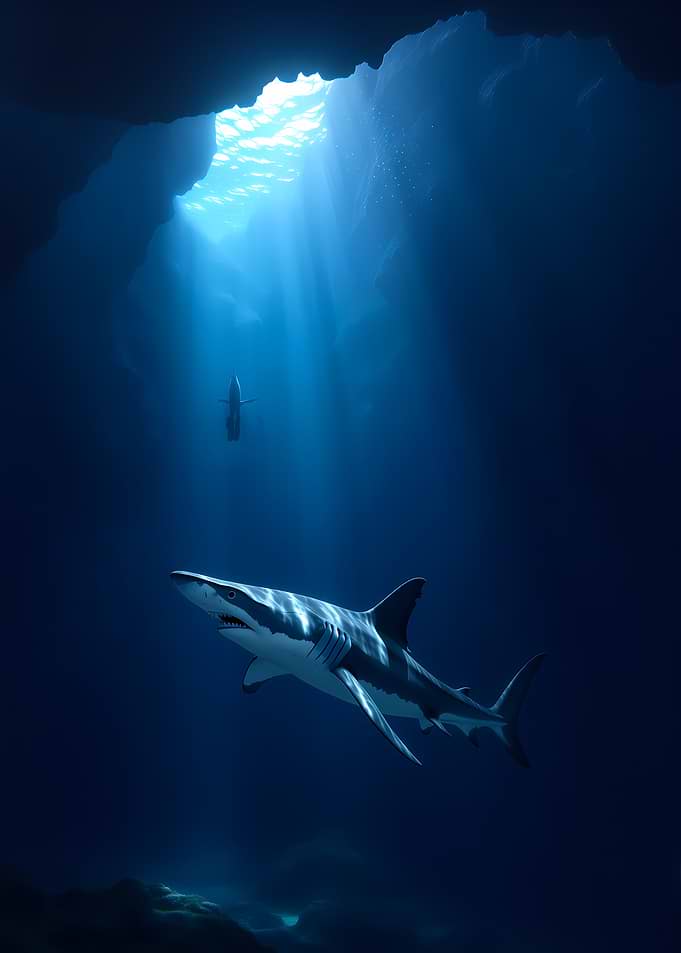 Shark and Sunbeams in Deep Blue Water