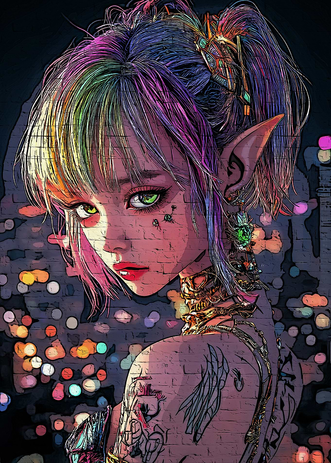 Anime Elf Girl with Rainbow Hair