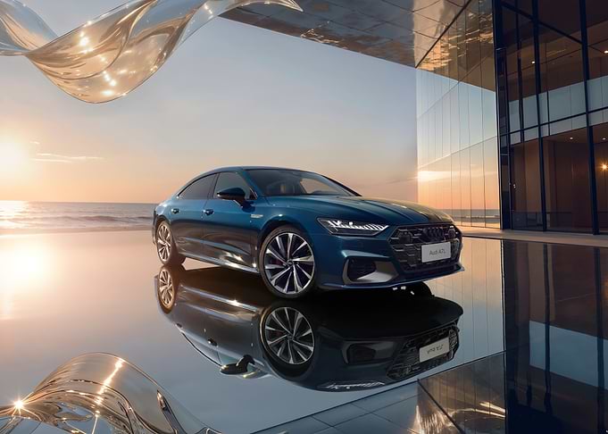 Blue Audi A7 on reflective surface