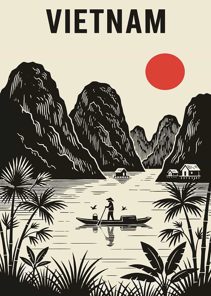 Vietnam Landscape with Boat and Mountains
