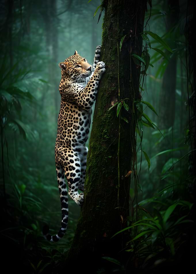 Leopard climbing a mossy tree in a jungle