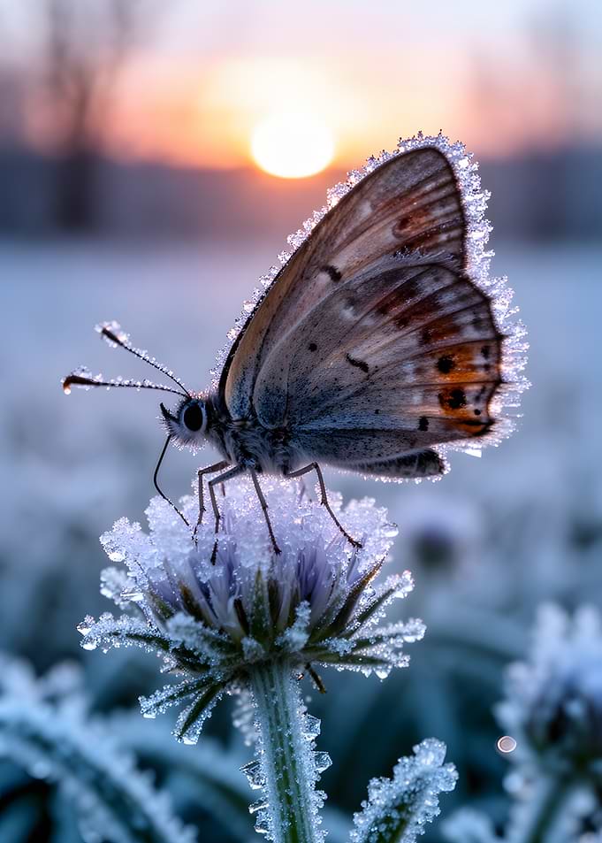 Butterfly on a frosted flower at sunrise