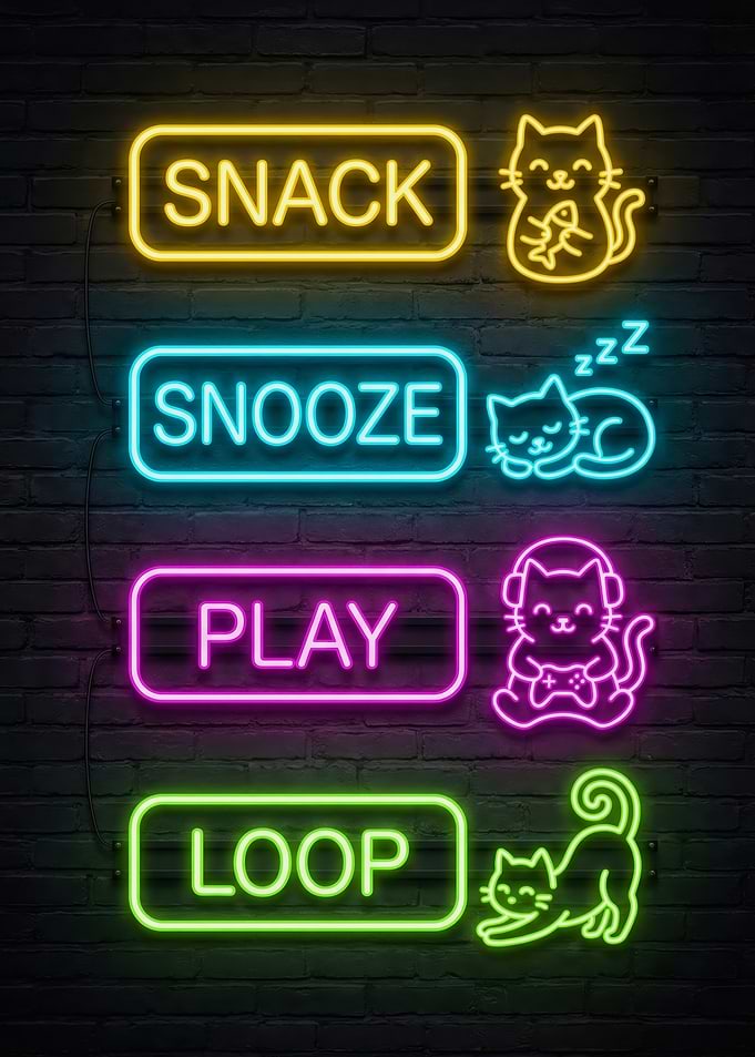 Snack Snooze Play Loop — Neon Cat Routine on Brick Wall