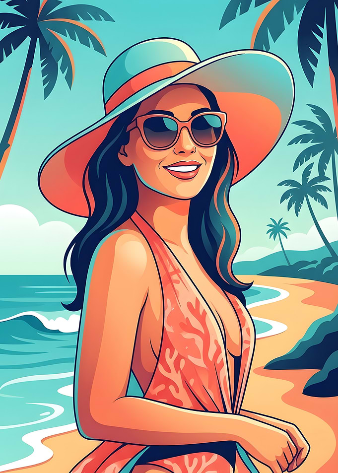 Woman in a wide-brimmed hat on a beach