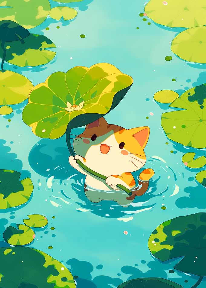 Cute Cat Under Lotus Leaf