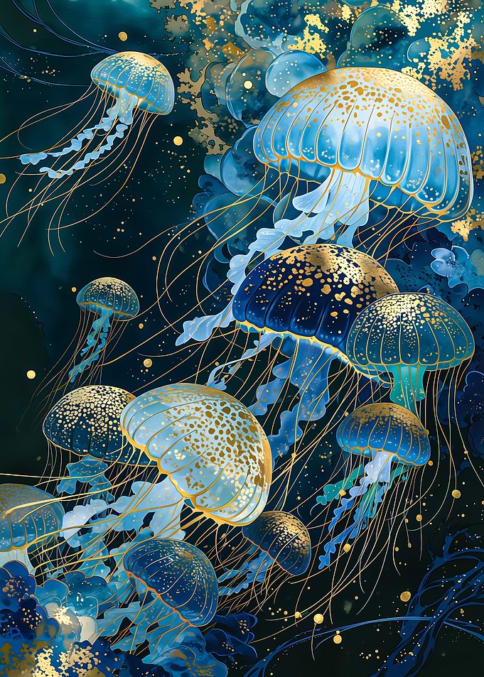 Golden Jellyfish in Deep Blue Ocean