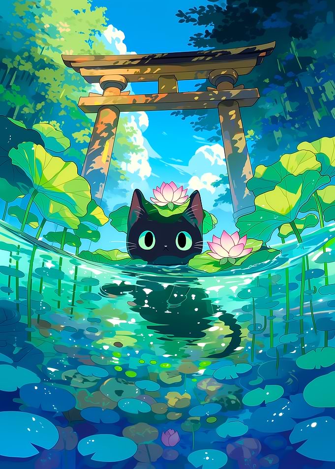 Black Cat in Lotus Pond