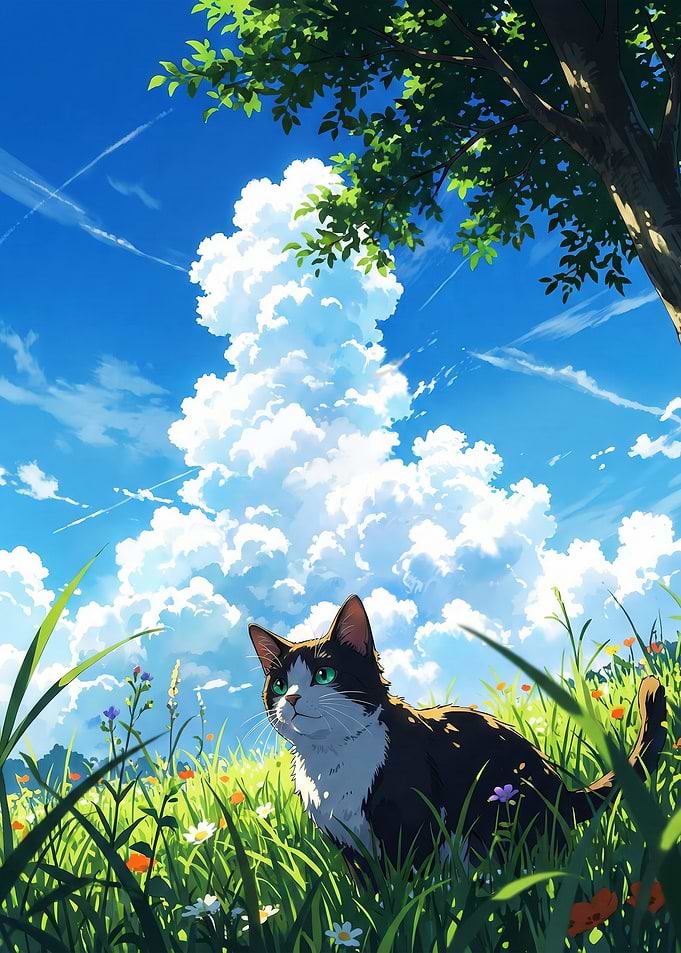 Cat in a Grassy Field Under a Blue Sky