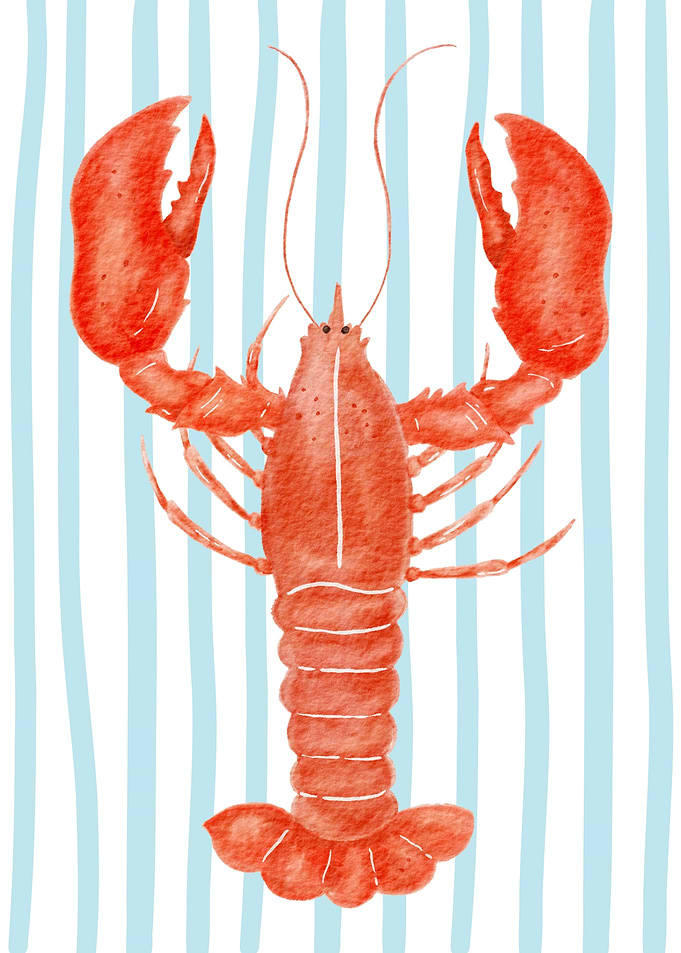 Watercolor Lobster on Striped Background