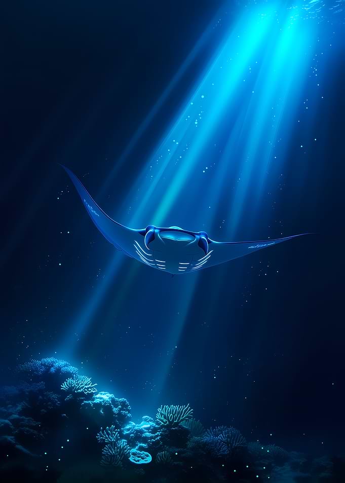 Manta Ray Swimming in Sunlit Ocean