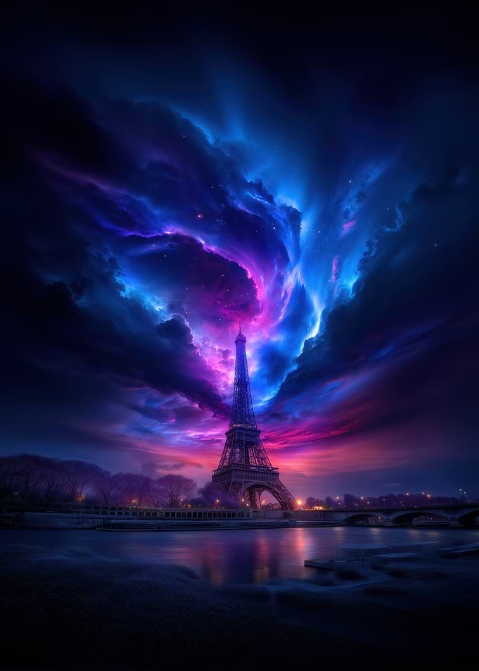 Eiffel Tower under a Cosmic Sky