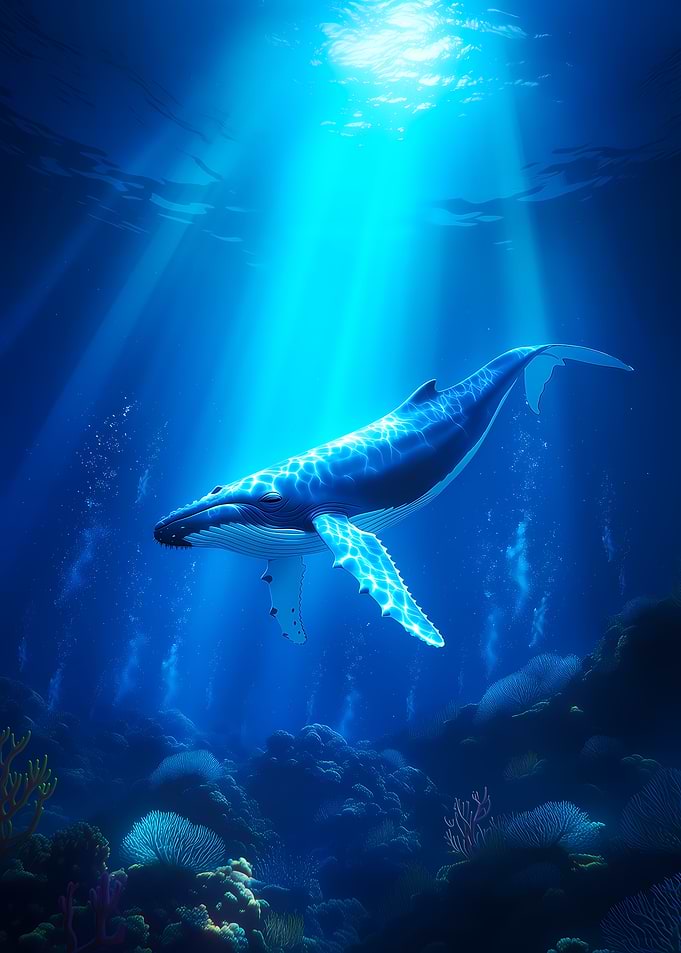 Whale swimming in blue ocean