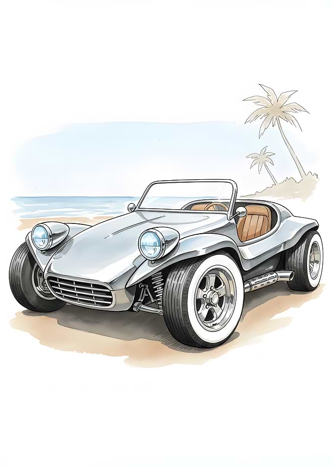 Vintage Beach Buggy Classic Car Watercolor Illustration