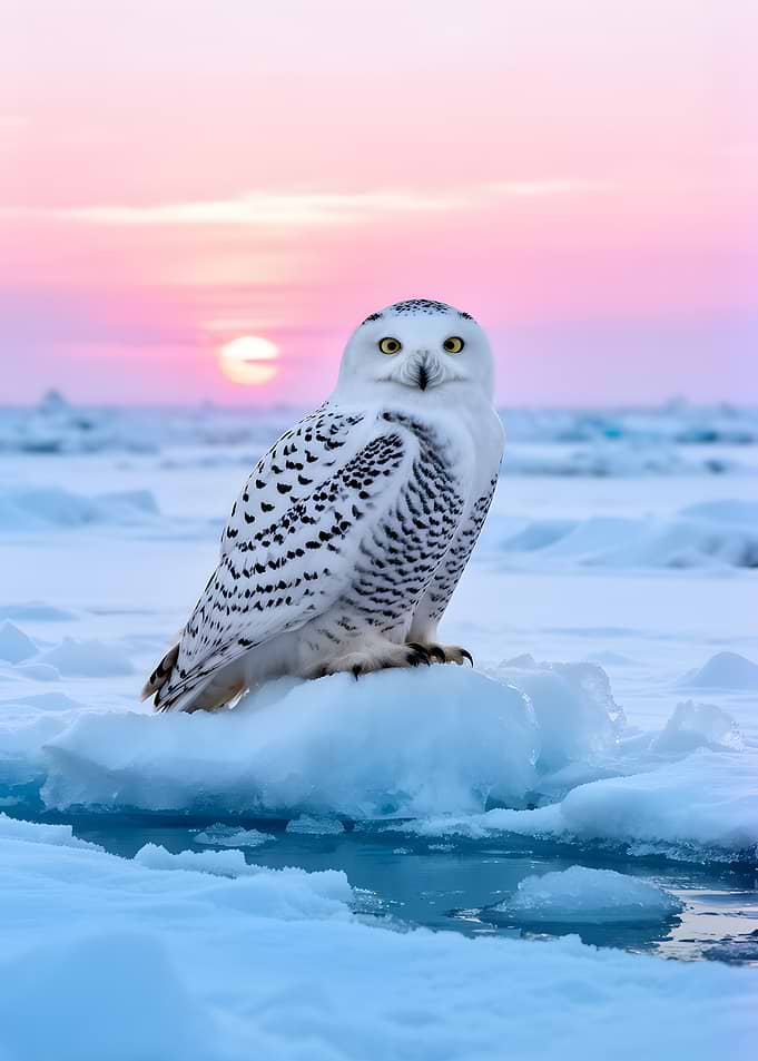 Snowy Owl on Ice at Sunset