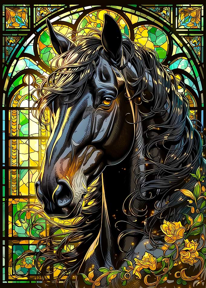 Black Horse Stained Glass Floral Art
