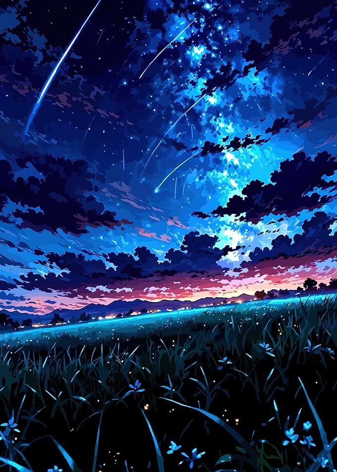 Starry Night Field with Shooting Stars