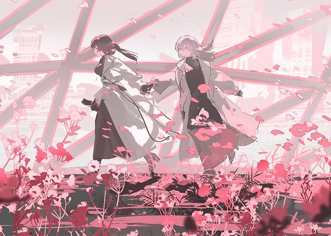 Two girls walking through flowers