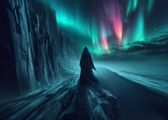 Figure Under Aurora Borealis