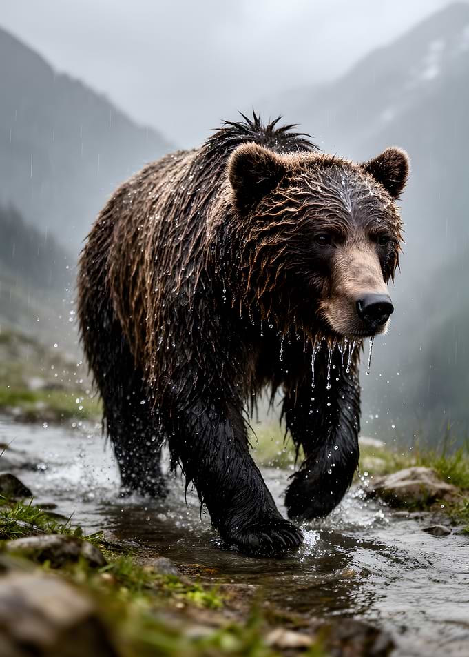 Bear walking in the rain