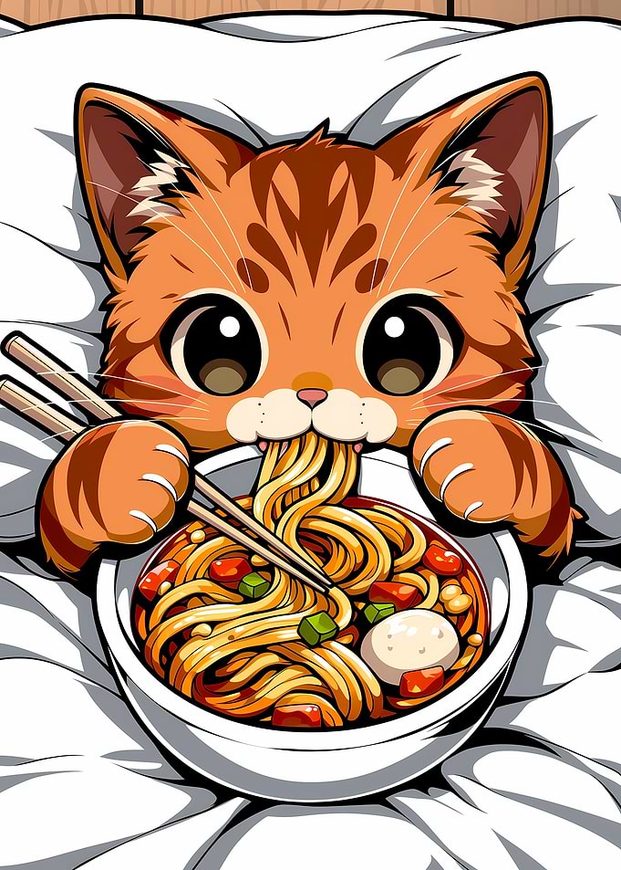Cute Cat Eating Noodles