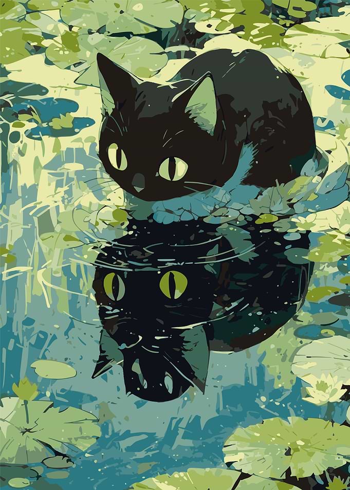 Black Cat Reflected in Water