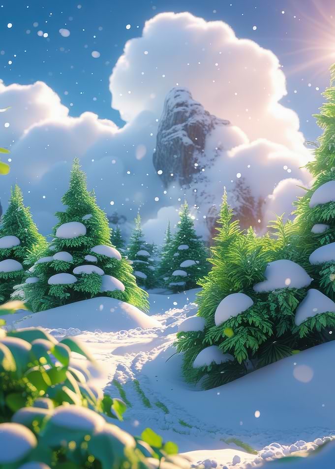 Snowy Forest Path with Mountains