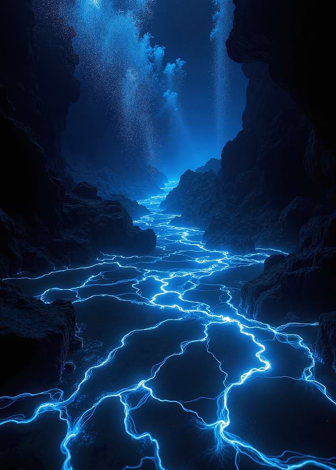 Electric Blue River in Dark Cave