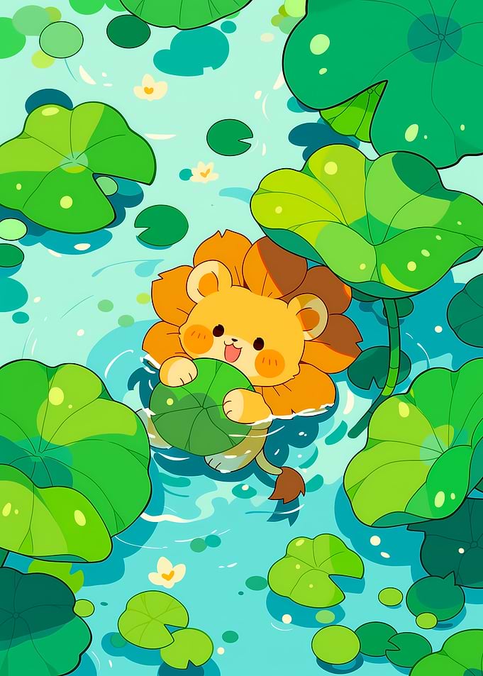 Cute Lion Cub in Lotus Pond