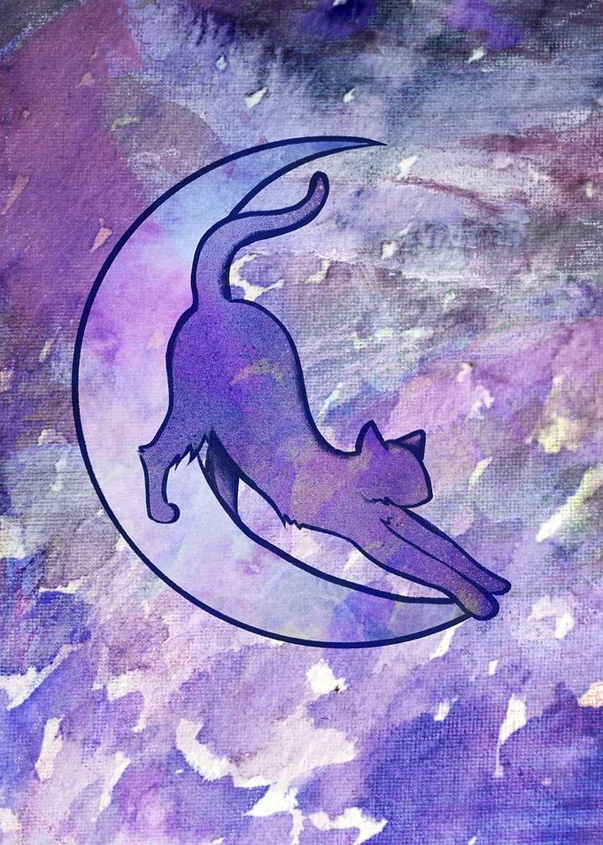 Purple Cat on Crescent Moon