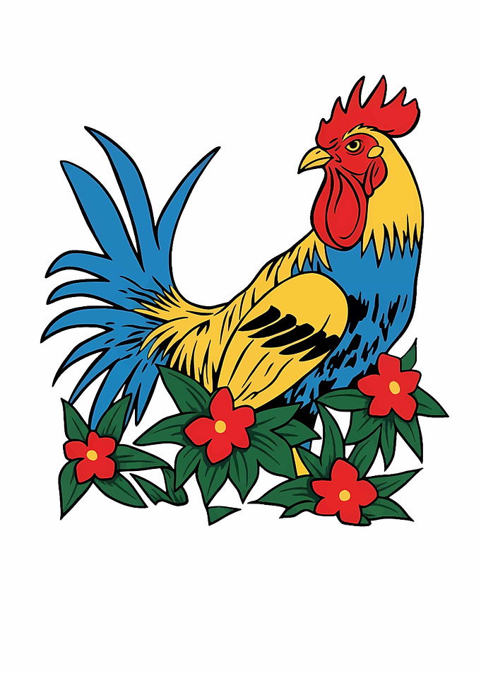 Rooster with Flowers Illustration