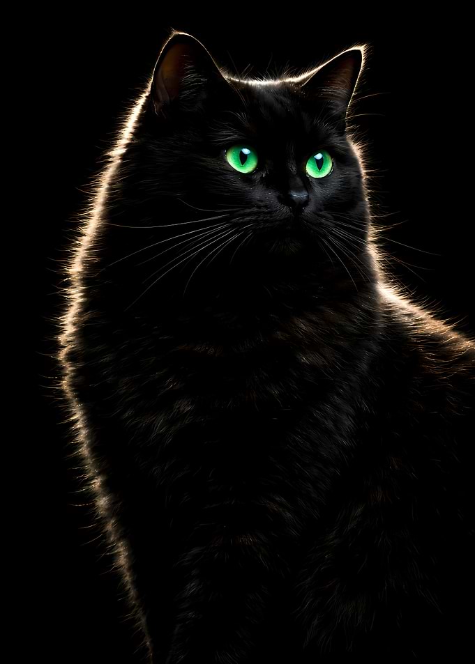 Black Cat Black Background - Front View Looking Aside