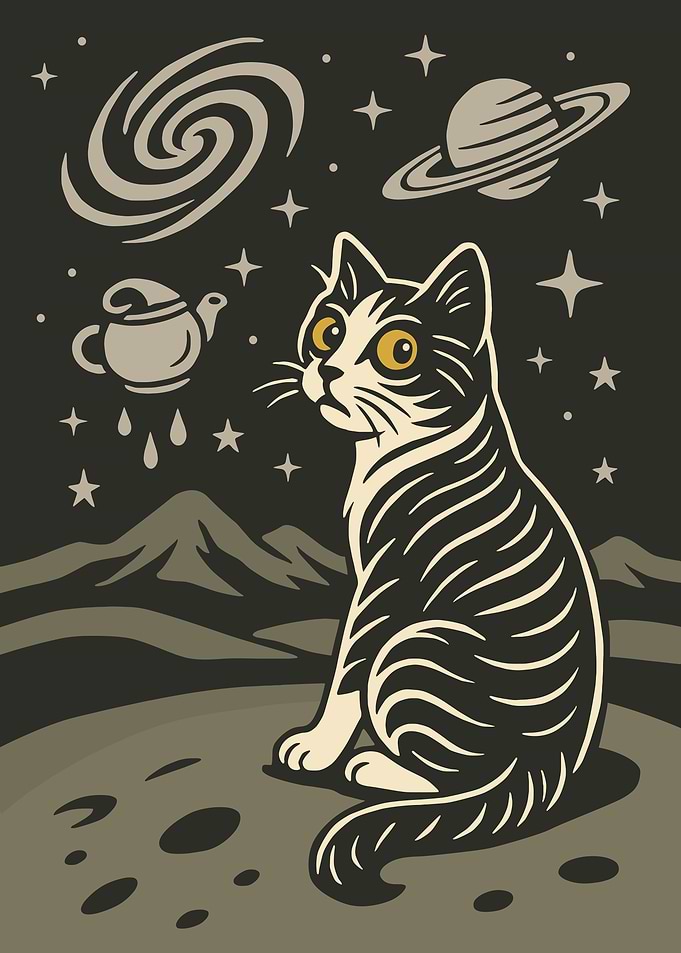 Cat in Space with Teapot and Planets
