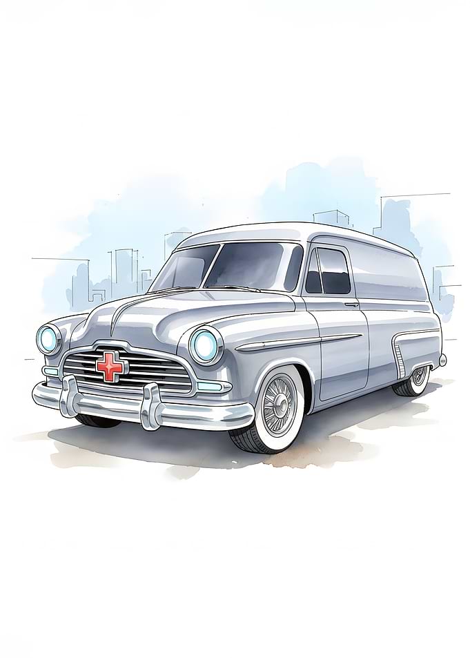 Vintage Ambulance Van Watercolor Illustration