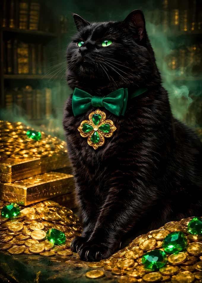 Black Cat St Patrick's Standing Emerald Green Papillon Golden Medal