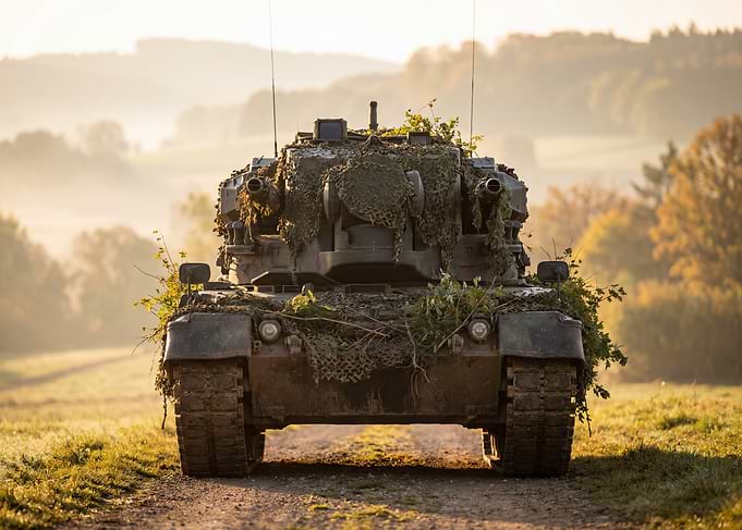 Camouflaged Tank in Misty Landscape