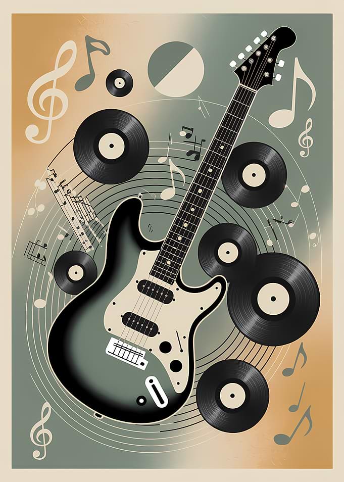 Electric Guitar with Vinyl Records and Music Notes