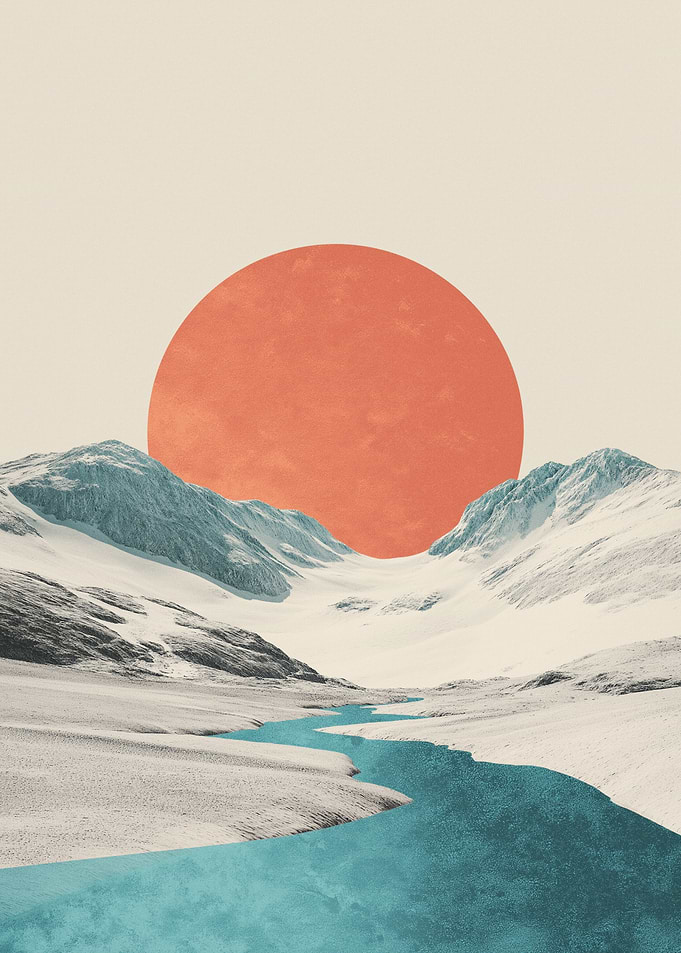 Surreal Mountain Landscape with Red Sun