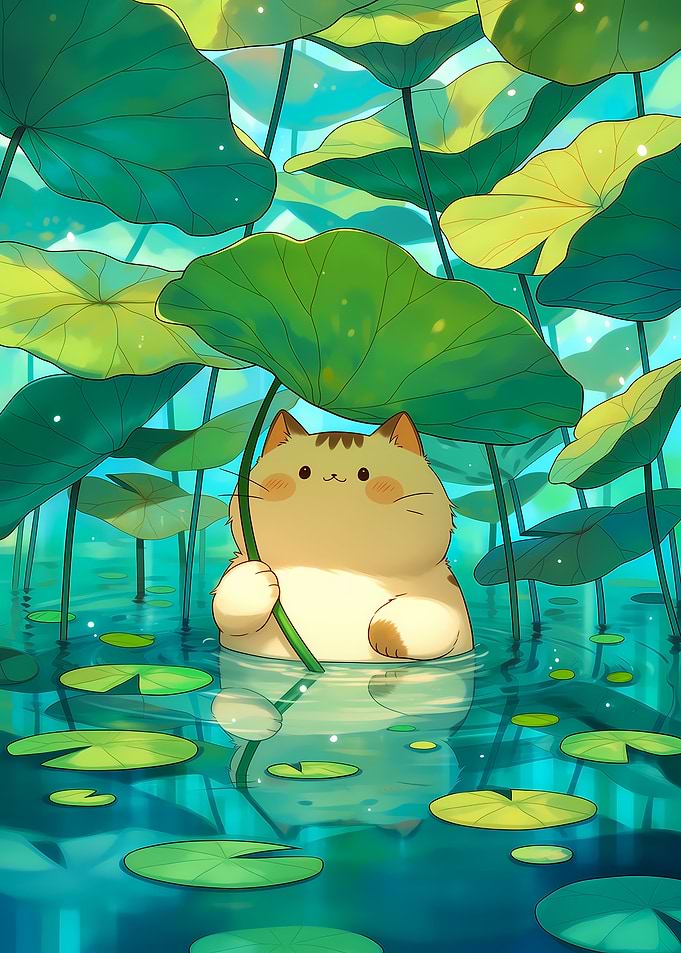 Cute Cat Under Lotus Leaf