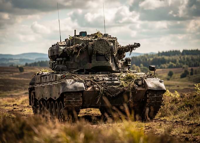 Camouflaged Tank in a Field