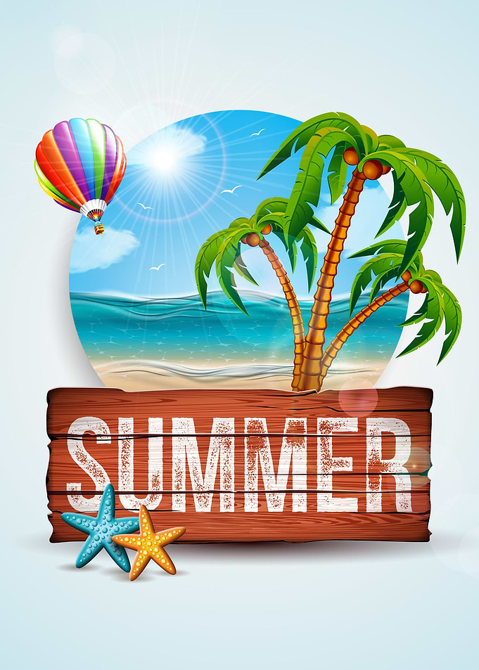 Summer Beach Scene with Hot Air Balloon