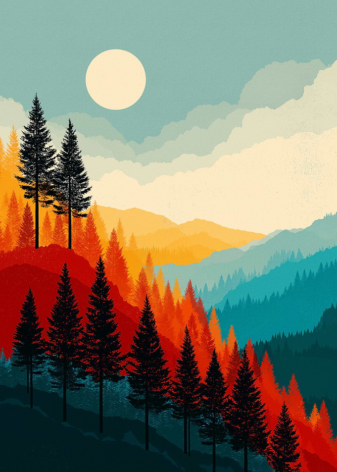 Stylized Mountain Landscape with Sun