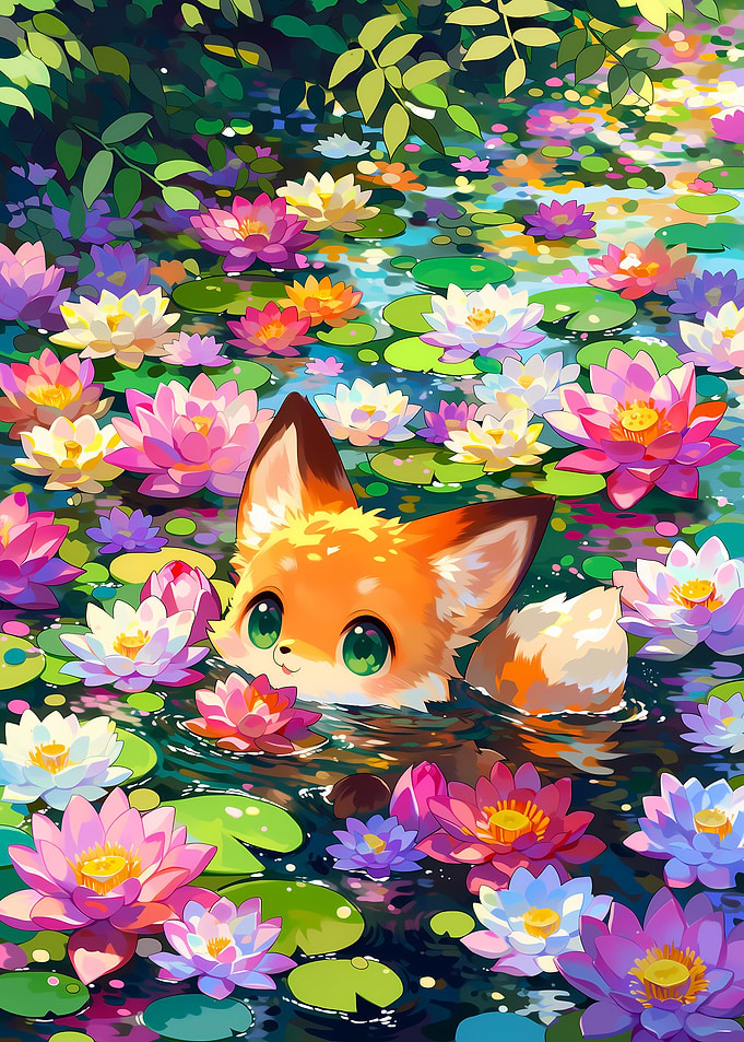 Cute Fox in a Pond of Water Lilies