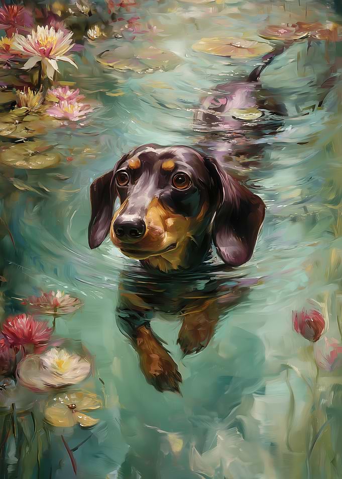 Dachshund Swimming Among Water Lilies