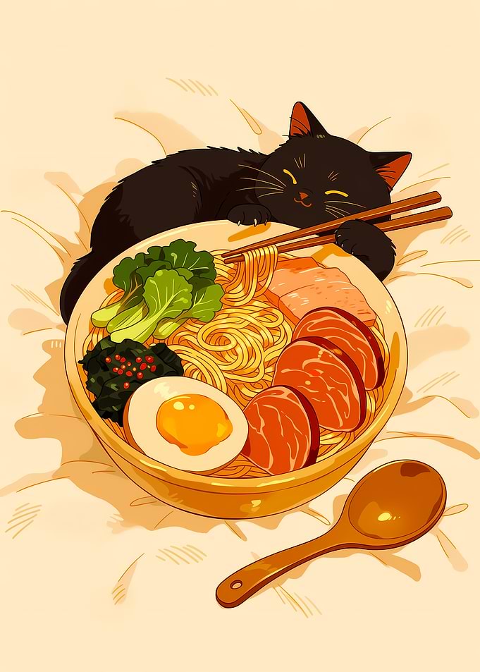 Black Cat Sleeping on Ramen Bowl