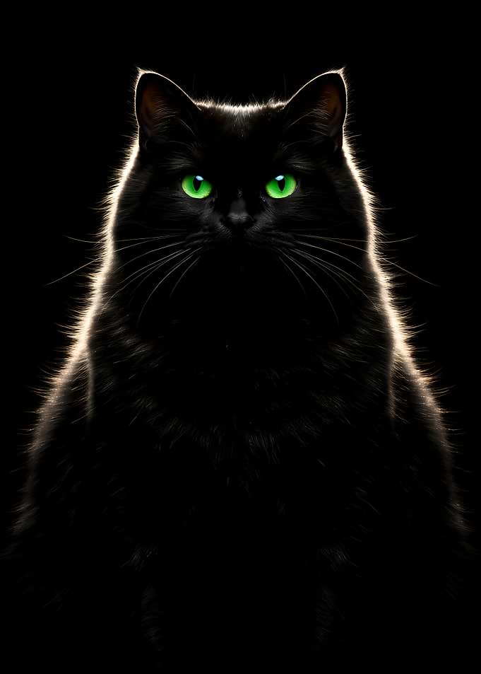 Black Cat Black Background - Portrait Staring at Camera