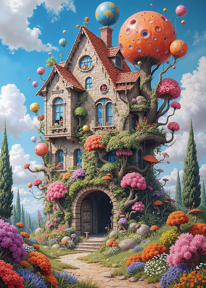 Whimsical Fantasy House with Colorful Flora