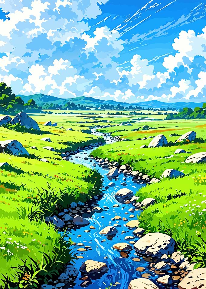 Serene Meadow Stream Under Blue Sky