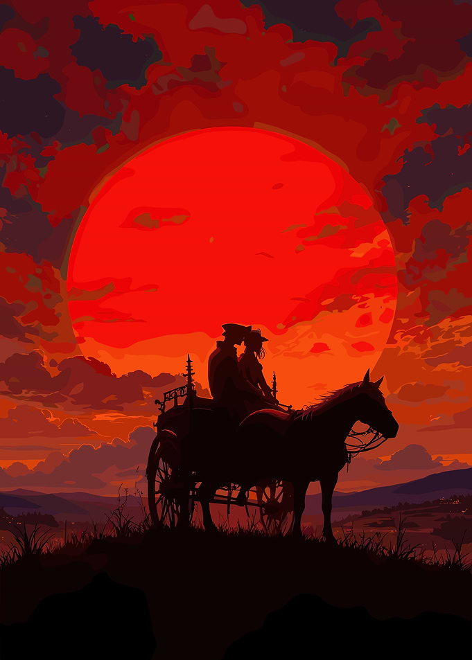 Couple on Horse Carriage at Sunset